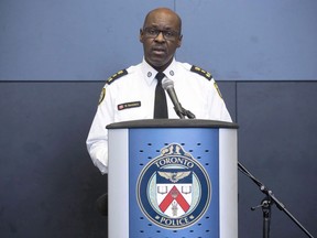 Toronto Police Chief Mark Saunders addresses journalists gathered at Police Headquarters in Toronto on Tuesday, April 24, 2018. Police say an unarmed woman was killed in a drive-by shooting in north Toronto early Sunday morning. Toronto police Chief Mark Saunders says the incident is indicative of a problematic "street gang subculture" in the city.
