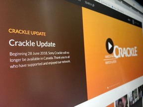 A notice on the Sony Crackle website is shown in Toronto on Wednesday, June 27, 2018. Sony Pictures' free streaming video platform Crackle is packing up its Hollywood movies and leaving Canada. The ad-supported service has posted a notice on its website saying that starting Thursday it will no longer offer its library of older movies and TV shows to Canadian viewers. THE CANADIAN PRESS