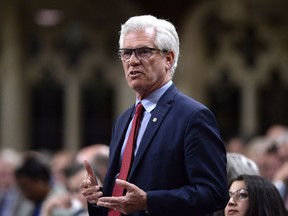 Minister of Natural Resources Jim Carr rises during Question Period in the House of Commons on Parliament Hill in Ottawa on Tuesday, May 29, 2018. Natural Resources Minister Jim Carr says Canada's pathway to a clean energy future includes not only transitioning to renewable sources of energy but also technology that makes traditional fossil fuels cleaner to both produce and burn.