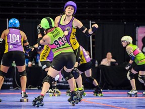 A team member from the Montreal Roller Derby's New Skids on the Block, front, runs into a member of Sweden's Crime City Rollers at an international WFTDA tournament in 2017 in Philadelphia in this handout photo. While the roller derby of today might not quite provide the crazy and often violent entertainment the sport offered in the 1960s and '70s, the 24 women's leagues in Canada are a sign of its increasing popularity.