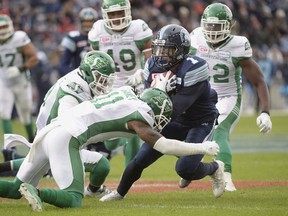 Toronto Argonauts running back Anthony Coombs (1) fumbles the ball as he's tackled by Saskatchewan Roughriders defensive back Ed Gainey (11) during first half CFL East Division final football action at BMO Field in Toronto, Sunday, Nov.19, 2017.Ed Gainey still replays a moment from the Toronto Argonauts' winning touchdown drive during last year's East Division final in his head.