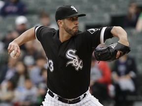 Chicago White Sox starting pitcher James Shields throws against the Oakland Athletics during the first inning of the first game of a baseball doubleheader in Chicago, Friday, June 22, 2018.