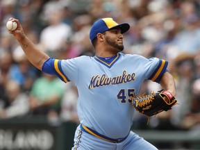 Milwaukee Brewers' Jhoulys Chacin pitches against the Chicago White Sox during the first inning of a baseball game Saturday, June 2, 2018, in Chicago.