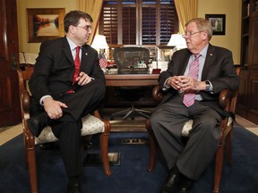 Senate Veterans Affairs Committee chairman Johnny Isakson, R-Ga., right, meets with Veterans Affairs Secretary nominee Robert Wilkie on Capitol Hill, Tuesday, June 26, 2018 in Washington.