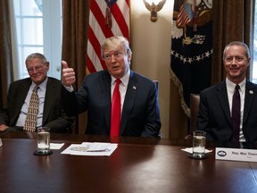 President Donald Trump speaks during a meeting with Republican members of Congress on immigration in the Cabinet Room of the White House, Wednesday, June 20, 2018, in Washington. From left, Sen. Jim Inhofe, R-Okla., Trump, and Rep. Mac Thornberry, R-Texas.