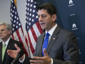 Speaker of the House Paul Ryan, R-Wis., joined by Majority Leader Kevin McCarthy, R-Calif., left, talks to reporters following a closed-door GOP strategy session at the Capitol in Washington, Tuesday, June 26, 2018. Ryan has scheduled a long-awaited showdown vote on a broad Republican immigration bill for Wednesday, but he's showing little confidence that the package will survive.