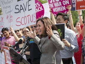 Sen. Kamala Harris, D-Calif., joins activists at the Supreme Court as President Donald Trump prepares to choose a replacement for Justice Anthony Kennedy, on Capitol Hill in Washington, Thursday, June 28, 2018.
