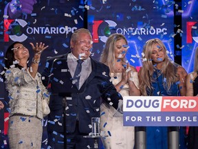 Ontario PC Leader Doug Ford and his family celebrate his party's election win on June 7, 2018.