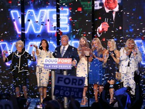 Ontario's Premier Doug Ford with his family on stage after addressing his supporters at the Toronto Congress Centre   on Thursday June 7, 2018.