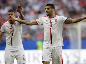 Serbia's Aleksandar Mitrovic reacts during the group E match between Costa Rica and Serbia at the 2018 soccer World Cup in the Samara Arena in Samara, Russia, Sunday, June 17, 2018.
