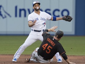 Baltimore Orioles' Mark Trumbo is caught on the force out at second base but Toronto Blue Jays second baseman Devon Travis (29) can't make the play at first base, as he blows a bubble, during second inning American League MLB baseball game in Toronto on Friday June 8, 2018.