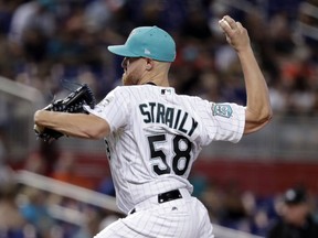 Miami Marlins starting pitcher Dan Straily delivers during the first inning of a baseball game against the San Diego Padres, Saturday, June 9, 2018, in Miami.