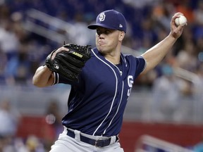 San Diego Padres starting pitcher Clayton Richard delivers during the first inning of a baseball game against the Miami Marlins, Sunday, June 10, 2018, in Miami.
