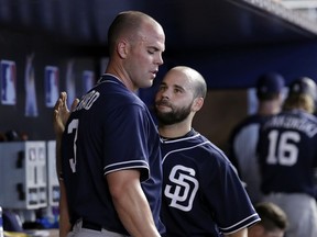San Diego Padres starting pitcher Clayton Richard, talks with catcher Raffy Lopez after giving up a no-hitter during the seventh inning of a baseball game against the Miami Marlins, Sunday, June 10, 2018, in Miami. Marlins' Miguel Rojas hit a single in the seventh inning for the first hit off Richards.