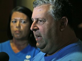 Tony Montalto, right, father of Gina Rose Montalto, who was killed during the Marjory Stoneman Douglas High School shooting, and April Schentrup, left, who's daughter Carmen was killed also, speak to members of the media during a break in the Marjory Stoneman Douglas High School Public Safety Commission Meeting, Thursday, June 7, 2018, in Sunrise, Fla. The commission Thursday will discuss diversion programs for students who commit crimes deemed minor. Suspect Nikolas Cruz was referred to a program while in middle school but never completed it.