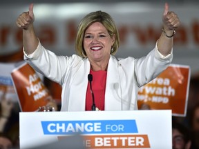 Ontario NDP leader Andrea Horwath arrives at her Ontario provincial election night headquarters in Hamilton, Ontario on Thursday, June 7, 2018. Horwath appeared tantalizingly close to the Ontario premier's office -- a prize that proved elusive once again on Thursday for the veteran politician who has led the provincial New Democrats for almost a decade.