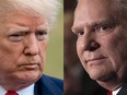 Left: President Donald Trump takes a question from reporters before boarding Marine One on the South Lawn of the White House in Washington, Friday, Feb. 23, 2018, to travel to Oxon Hill, Md. to speak at the Conservative Political Action Conference (CPAC).  Right: PC Ontario Leadership candidate Doug Ford scrums with journalists at the TVO studios in Toronto on Thursday, February 15, 2018, following a televised debate with fellow candidates Christine Elliott, Tanya Granic Allen, and Caroline Mulroney.