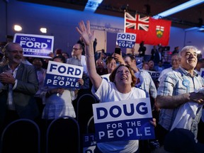 Supporters react after learning Ontario PC leader Doug Ford won a majority government in Ontario Provincial election in Toronto on Thursday, June 7, 2018. Under Ford, the Progressive Conservatives recaptured the province they have not led since 2003, overcoming the failings of the past three elections that saw them unable to defeat the Liberals.