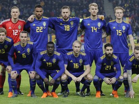 FILE - The March 27, 2017 file photo shows Sweden's national soccer team before an international friendly soccer match between Romania and Sweden on the Ion Oblemenco stadium in Craiova, Romania.