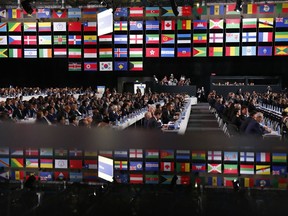 Delegates attend the FIFA congress on the eve of the opener of the 2018 soccer World Cup in Moscow, Russia, Wednesday, June 13, 2018. The congress in Moscow is set to choose the host or hosts for the 2026 World Cup.