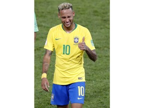 Brazil's Neymar gives thumb-up after winning 2-0 during the group E match between Serbia and Brazil, at the 2018 soccer World Cup in the Spartak Stadium in Moscow, Russia, Wednesday, June 27, 2018.