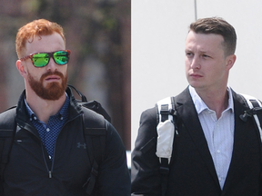 Former University of Ottawa Gee Gees hockey players David Foucher, left, and Guillaume Donovan arrive at the courthouse in Thunder Bay on June 25, 2018.