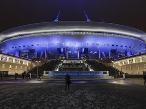 FILE - In this Monday, Feb. 11, 2017 filer, a view of the new soccer stadium on Krestovsky Island which will host some 2018 World Cup matches in St. Petersburg, Russia.