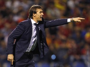 FILE - In this Friday, Oct. 6, 2017 filer, Spain coach Julen Lopetegui gives directions during the World Cup Group G qualifying soccer match between Spain and Albania at the Rico Perez stadium in Alicante, Spain.