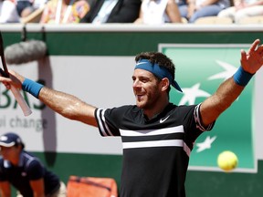 Juan Martin del Potro raises his hands after defeating Marin Cilic in their quarterfinal match at the French Open on June 7.