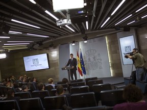 Spain's new Prime Minister Pedro Sanchez issues a statement at the Moncloa palace, the premier's official resident, in Madrid, Wednesday, June 6, 2018. A female-dominated cabinet is taking shape as part of the new Socialist government, which is choosing a former astronaut as science minister and a European Union bureaucrat to oversee the country's economy.