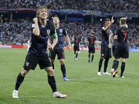 Croatia's Luka Modric celebrates after scoring his side's second goal during the group D match between Argentina and Croatia at the 2018 soccer World Cup in Nizhny Novgorod Stadium in Nizhny Novgorod, Russia, Thursday, June 21, 2018. Modric scored once in Croatia's 3-0 victory.