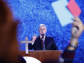 FILE - In this Friday, Dec. 8, 2017, file photo, evangelical preacher Franklin Graham speaks in Hanoi, Vietnam.  Graham says he is coming to Berkeley, Calif., Friday, June 1, 2018, in peace and in a longshot attempt to sway some voters to support evangelic Christian candidates. The outspoken supporter of President Donald Trump said he is in the middle of a 10-stop campaign-style tour of California ahead of the June 5 election that is designed to get out the evangelic Christian vote to defeat progressive politicians and insert more religion into government.