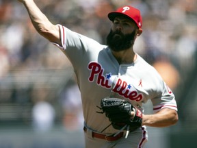 Philadelphia Phillies starting pitcher Jake Arrieta delivers against the San Francisco Giants during the first inning of a baseball game, Sunday, June 3, 2018, in San Francisco.