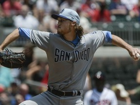 San Diego Padres' Matt Strahm pitches against the Atlanta Braves during the first inning of a baseball game Sunday June 17, 2018, in Atlanta.