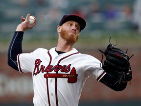 Atlanta Braves starting pitcher Mike Foltynewicz works in the first inning of a baseball game against the Washington Nationals on Friday, June 1, 2018, in Atlanta.
