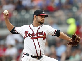 Atlanta Braves starting pitcher Anibal Sanchez works in the first inning of the team's baseball game against the San Diego Padres Thursday, June 14, 2018, in Atlanta.
