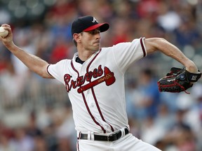 Atlanta Braves starting pitcher Brandon McCarthy works in the first inning of a baseball game against the San Diego Padres, Friday, June 15, 2018, in Atlanta.