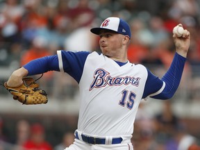 Atlanta Braves starting pitcher Sean Newcomb (15) works in the first Inning of a baseball game against the Baltimore Orioles, Friday, June 22, 2018, in Atlanta.