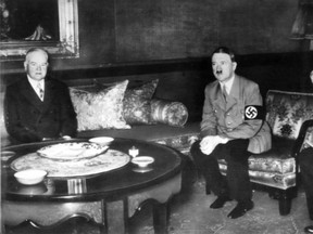 U.S. President Herbert Hoover and Adolf Hitler meet in Berlin, 1938.