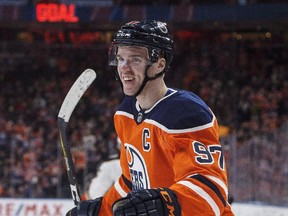 Edmonton Oilers' Connor McDavid (97) celebrates a goal against the Anaheim Ducks during second period NHL action in Edmonton, Alta., on March 25, 2018.