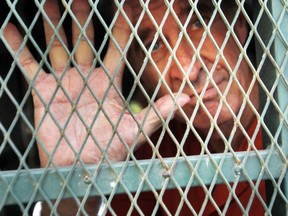 Australian filmmaker James Ricketson gestures from inside a prison truck upon his arrival at Phnom Penh Municipal Court in Phnom Penh, Cambodia, Friday, June 15, 2018. The court on Friday delayed its hearing on Ricketson who has been held in prison since being charged with spying for an unspecified foreign country, after flying a drone at a political rally in June 2017.