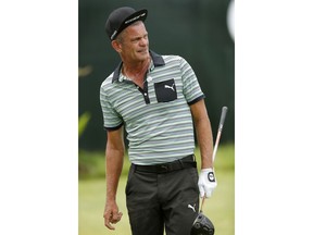 Jesper Parnevik watches his shot off the first tee during the second round of the PGA Tour Champions Principal Charity Classic golf tournament, Saturday, June 9, 2018, in Des Moines, Iowa.