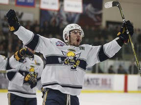 In this April 16 file photo, Spruce Grove Saints forward Chris Van Os-Shaw — a former Humboldt Bronco — celebrates his goal against the Okotoks Oilers in Game 3 of the Alberta Junior Hockey League final.