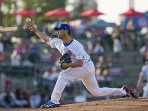 Chicago Cubs' Yu Darvish pitches during the West Michigan Whitecaps at South Bend Cubs baseball game Monday, June 25, 2018 at Four Winds Field in South Bend, Ind. Darvish was on a one-game rehab assignment with the Class A affiliate of the major league team.