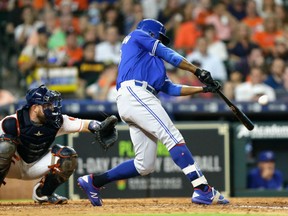 Curtis Granderson of the Toronto Blue Jays hits his second homer of the game in the seventh inning powering the Jays to a 6-3 win over the Houston Astros in MLB action Monday in Houston. It was the 22nd time in his career that Granderson had two homers in a game.