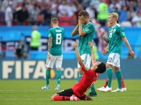 German striker Thomas Muller of Germany looks dejected following his team's 2-0 defeat to South Korea and subsequent elimination from the World Cup on June 27, 2018.