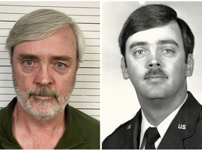 FILE - This combination of photos provided by the U.S. Air Force Office of Special Investigations shows William Howard Hughes Jr., after being captured in June 2018, at left, and an image from his time at the U.S. Air Force. Hughes, a Kirtland Air Force Base officer with top security clearance, who deserted 35 years ago and was arrested in California last week worked for years as a consultant for the University of California. (U.S. Air Force Office of Special Investigations via AP, File)