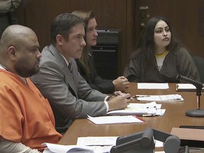In this video frame grab Isauro Aguirre, left and Pearl Sinthia Fernandez, right, sit during their sentencing hearing on Thursday, June 7, 2018, in Palmdale, Calif. Fernandez has been sentenced to life in prison and her boyfriend Aguirre, was sentenced to death in the killing of an 8-year-old boy who prosecutors say was punished because the couple believed he was gay. Gabriel's mother, pleaded guilty to murder in the death of her son in February. A jury found her boyfriend, Aguirre, guilty of murder last year and found that he intentionally tortured the boy. (KTLA via AP, Pool)