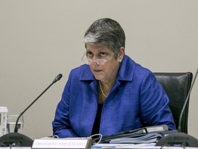 FILE - In this Sept. 17, 2015, file photo, University of California President Janet Napolitano addresses a Board of Regents meeting at the UC Irvine Student Center to discuss a controversial policy statement on intolerance in Irvine, Calif. State auditors on Thursday, June 21, 2018, faulted the University of California for not addressing sexual misconduct complaints on time and not disciplining faculty swiftly. They found some people accused of misconduct continued to sexually harass others after they were disciplined ineffectively. They also found the UC system is slower to discipline faculty than staff. UC President Janet Napolitano says the system accepts the audit report's recommendations and is working to improve.