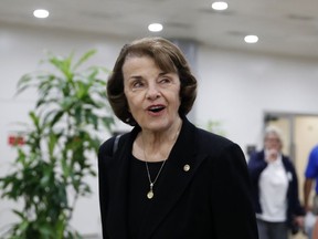FILE - In this May 17, 2018 file photo, Sen. Dianne Feinstein, D-Calif., departs after a vote on Gina Haspel to be CIA director, on Capitol Hill in Washington. Feinstein is facing a challenge from fellow Democrat Kevin de Leon, currently California state Senate president pro tem, in the upcoming California Primary on June 5.